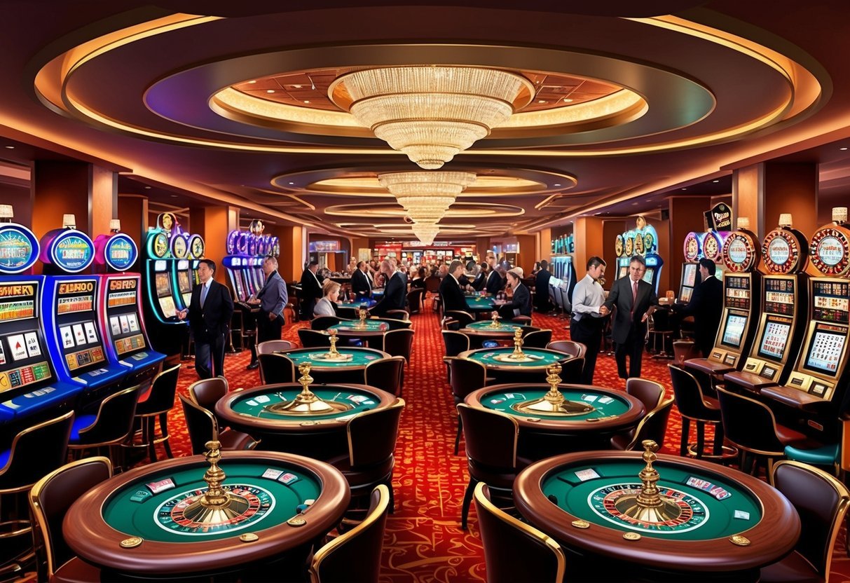 Một sàn casino nhộn nhịp với những máy đánh bạc đầy màu sắc, bàn roulette và các trò chơi poker, đầy ắp khách hàng phấn khích và âm thanh của những đồng xu va chạm.